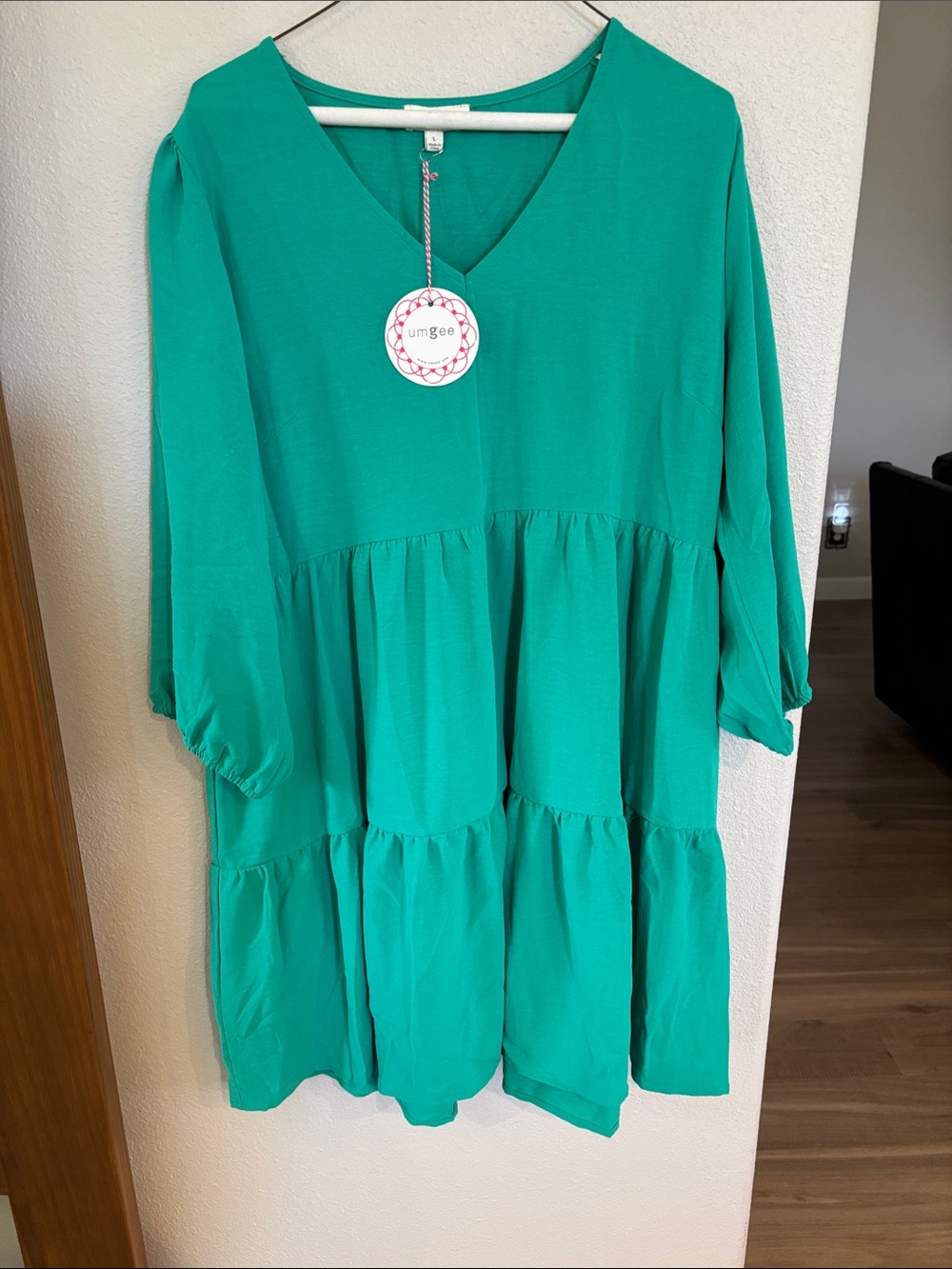 Umgee Teal Green V-Neck Tiered Dress
